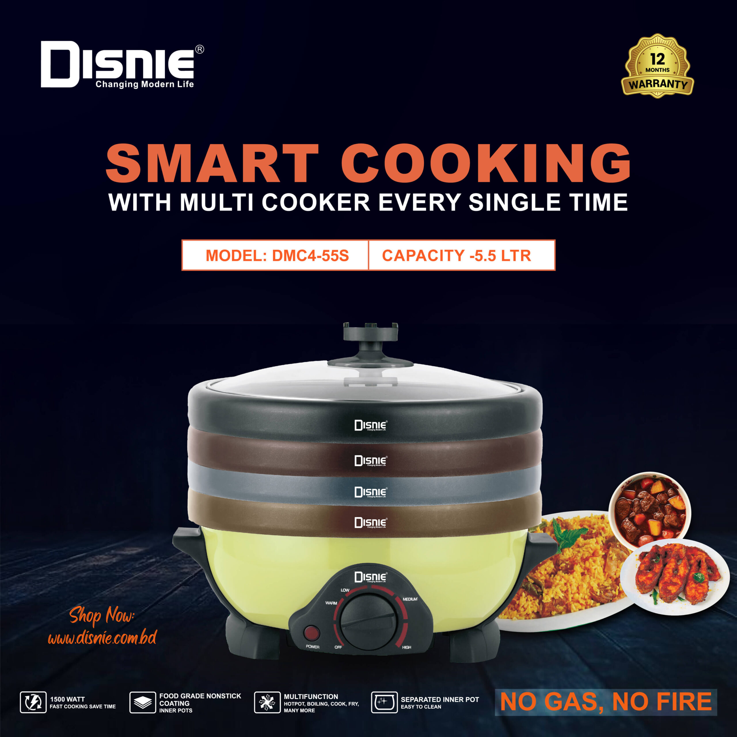 Disnie DMC4-55S Electric Multi Curry Cooker With 4 Pots 4 Lids- 5.5 Ltr